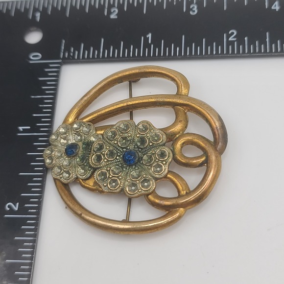 Vintage Flower Brooch Gold Tone Blue - Picture 10 of 11